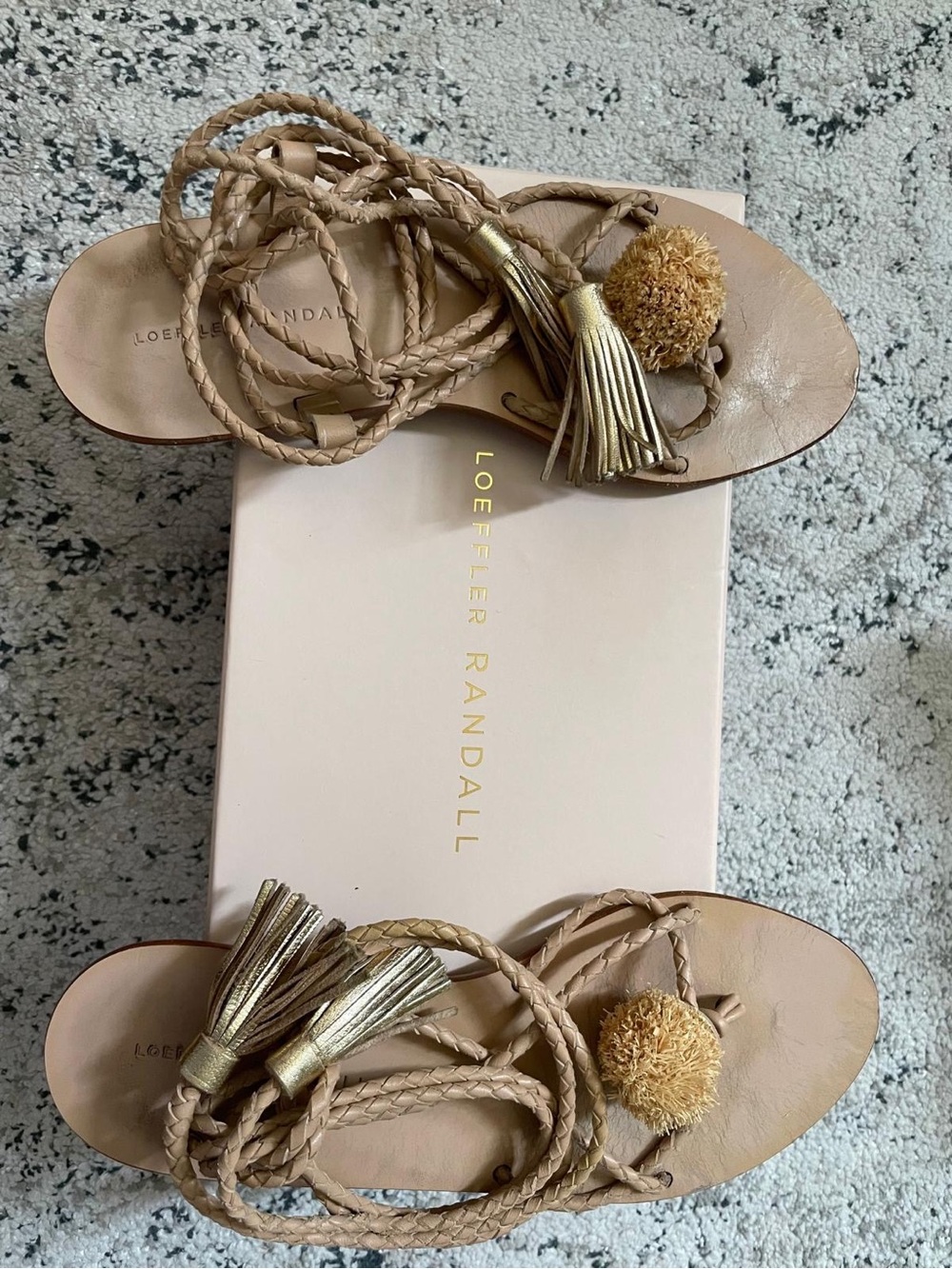 Loeffler Randall Tan Braided Pom-Pom Tassel Sandals